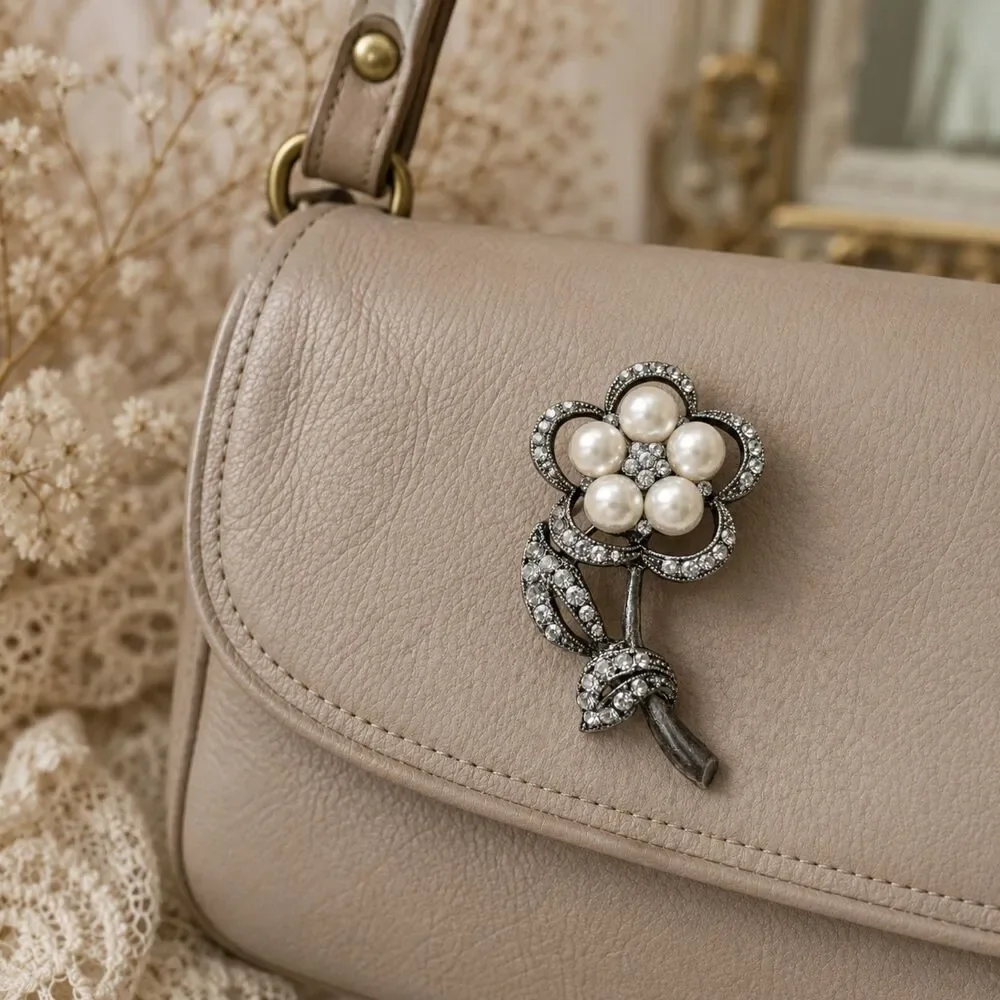 Pearl Rhinestone Flower Brooch, Silver Tone Floral Pin, Cottagecore Jewelry